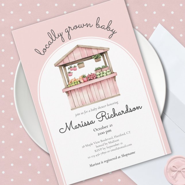 Convite Chá de fraldas do mercado de agricultores (locally grown baby pink farmers market baby girl shower invitation vintage rustic garden theme)