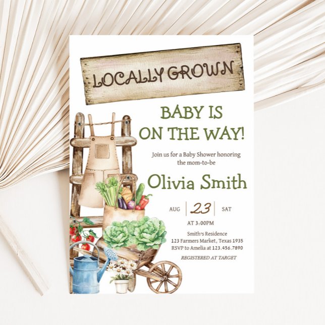 Convite Chá de fraldas do mercado russo crescido localment (Rustic Farmers Market Locally Grown Baby Shower Invitation)