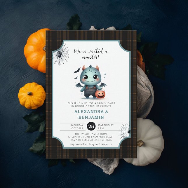 Convite Chá de fraldas do Monstro Halloween Tartan Cute Co (halloween baby shower invitation monster watercolor character coed couple october fall plaid tartan)