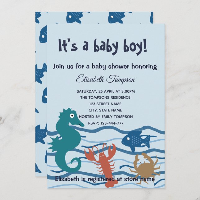 Convite Chá de fraldas do mundo do oceano bonito (Frente/Verso)