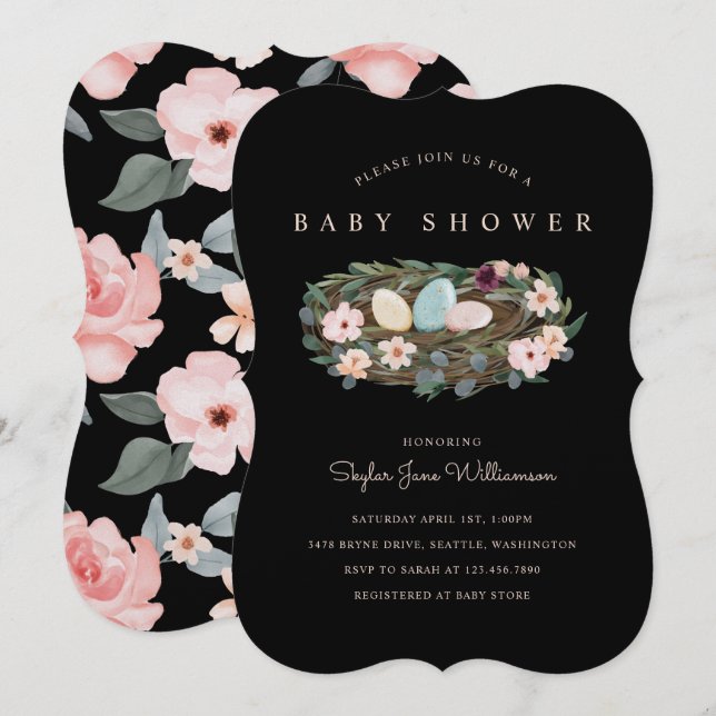 Convite Chá de fraldas do ninho da Boêmia Floral da Waterc (Frente/Verso)