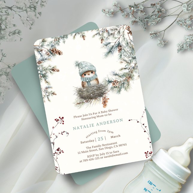 Convite Chá de fraldas do Ninho do Pássaro Azul, Snowy Woo (Cute Snowy Woodland Blue Bird's Nest Baby Shower Invitation)