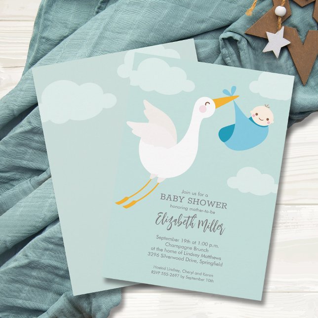 Convite Chá de fraldas do Pacote Azul-Corte (Cute Blue Bundle Stork Boy Baby Shower Invitations, PRINTED and/or INSTANT DOWNLOAD)
