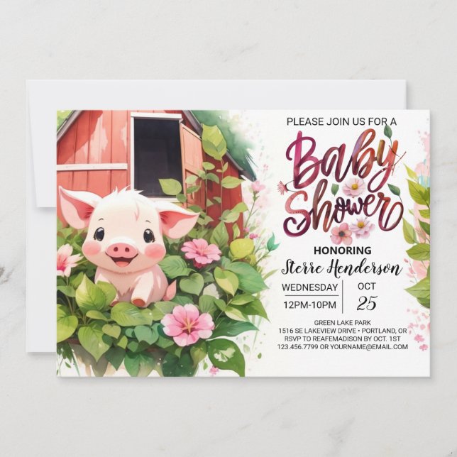 Convite Chá de fraldas do Paraíso Boho Farmyard de Piglet (Frente)