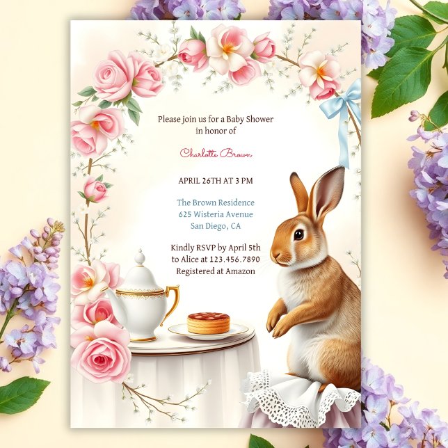 Convite Chá de fraldas do Partido Elegante Bunny Floral Pr (Personalized Tea Party Baby Shower Invitation Elegant Bunny & Floral Baby Shower Invite)