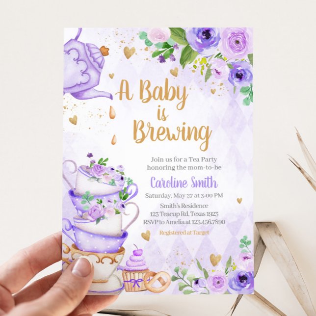 Convite Chá de fraldas do Partido Tea Floral Purple (Tea Party Baby Shower Invitation
)