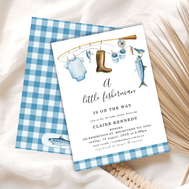 Convite Chá de fraldas do Pequeno Pescador de Pesca Azul (A Little Fisherman Is On The Way Baby Shower Invitation, Fishing Themed Baby Shower Invite Boy)