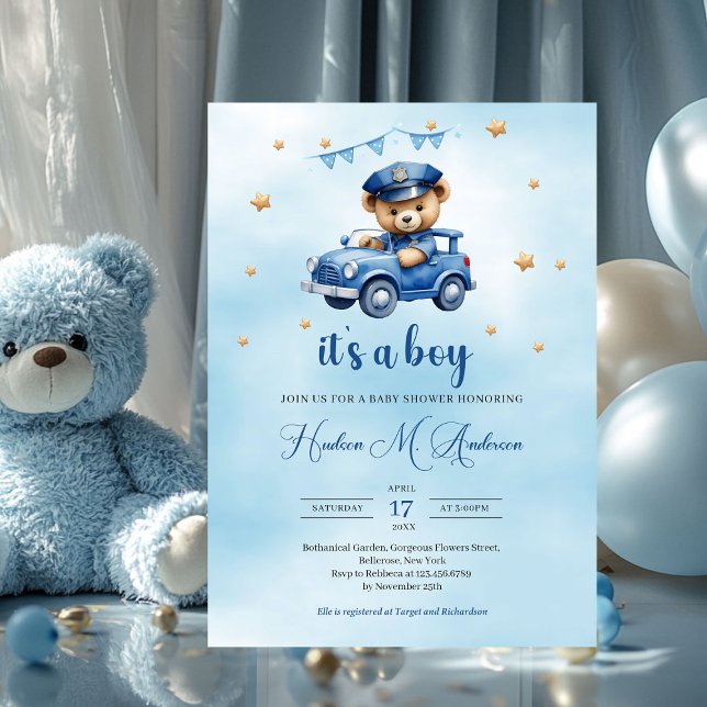 Convite Chá de fraldas do policial rapazinho (teddy bear policeman in car boy baby shower invitation)