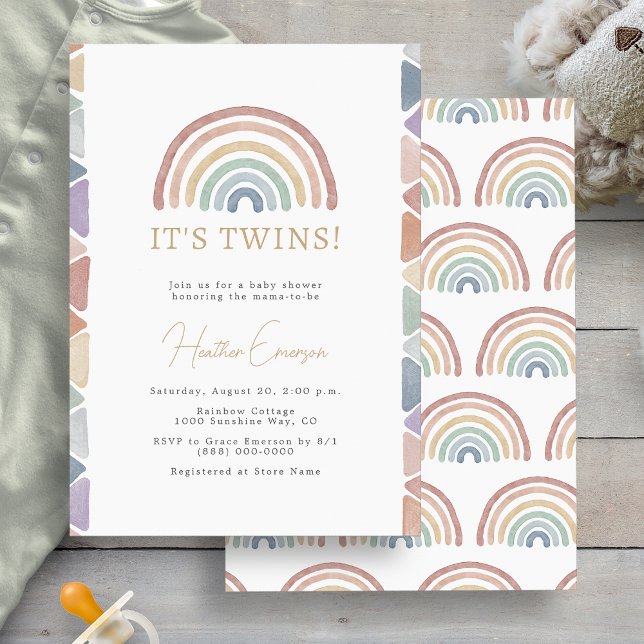 Convite Chá de fraldas do Rainbow Twins (Boho Colorful Rainbow Twins Baby Shower Invitation by Painted Paperie
)