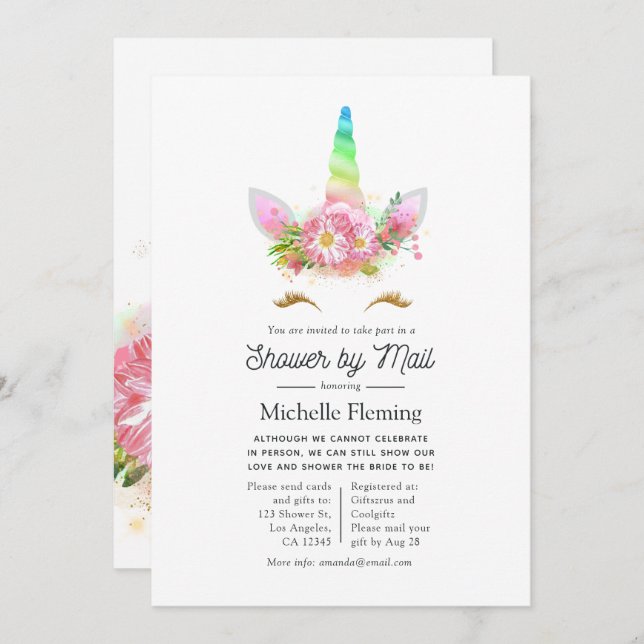 Convite Chá de fraldas do Rainbow Unicorn por Mail (Frente/Verso)