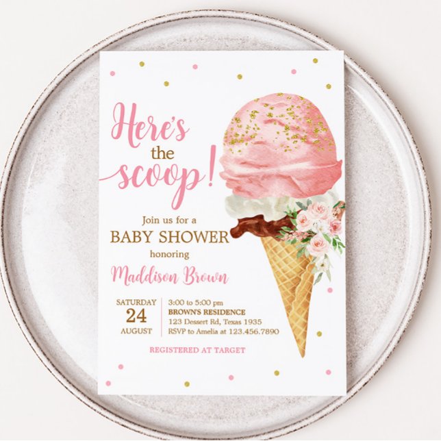 Convite Chá de fraldas do Sorvete rosa (Here is the Scoop Baby Shower Invitation)