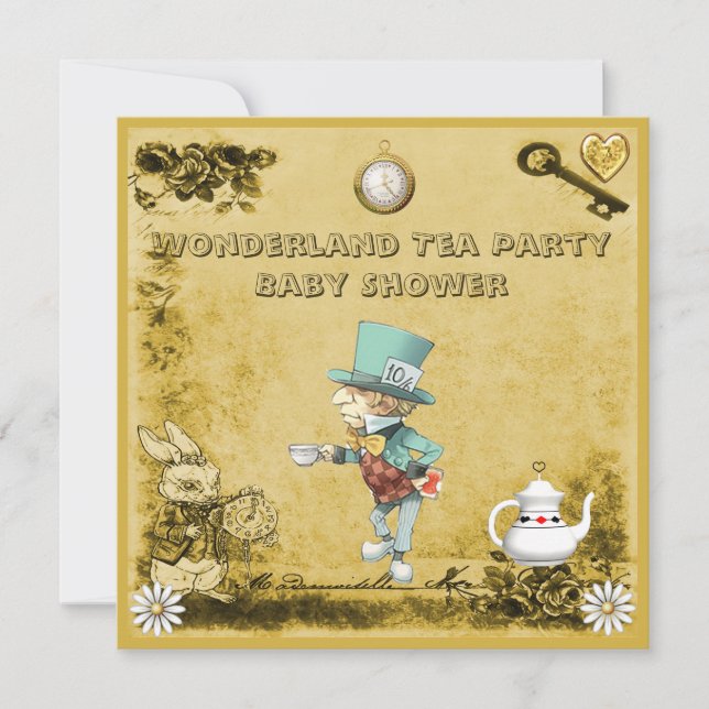 Convite Chá de fraldas do Tea Party Wonderland Wonderland, (Frente)