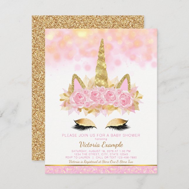 Convite Chá de fraldas do Unicórnio Rosa Dourado (Frente/Verso)