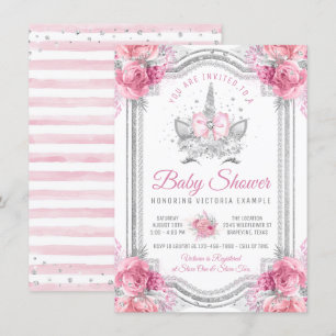 Convite Chá de fraldas do Unicórnio Silver Diamond Rosa