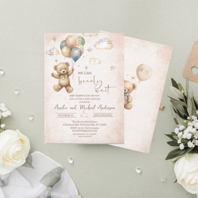 Convite Chá de fraldas do Ursinho do Urso de Aquarela Eleg (Criador carregado)