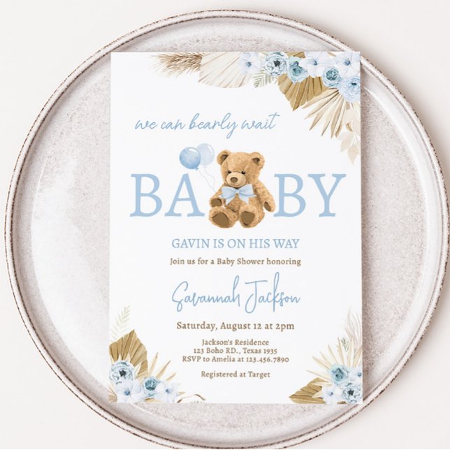 Convite Chá de fraldas do Urso Azul Boho (Blue Pampas Grass Teddy Bear Baby Shower Invitation)