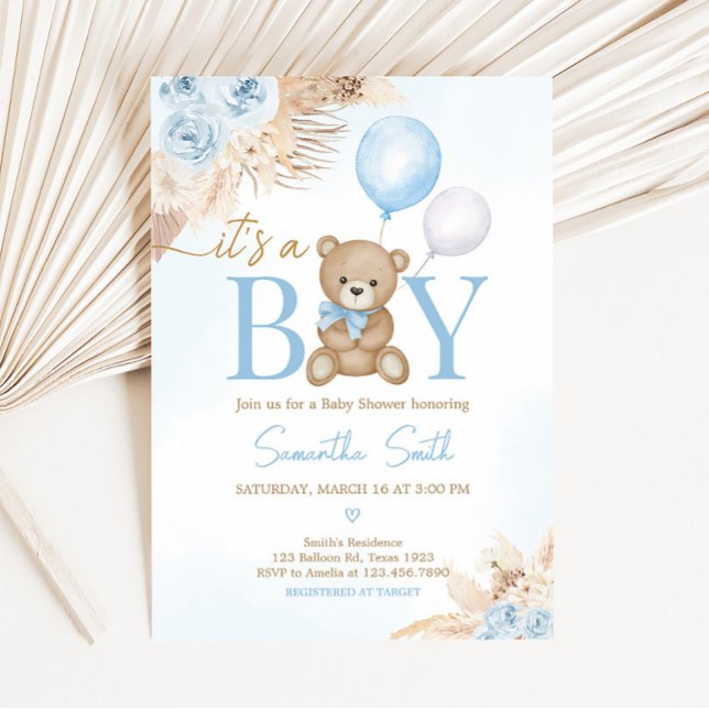 Convite Chá de fraldas do Urso Azul de Espera (Blue Boho Bear Balloon Baby Shower Invitation)