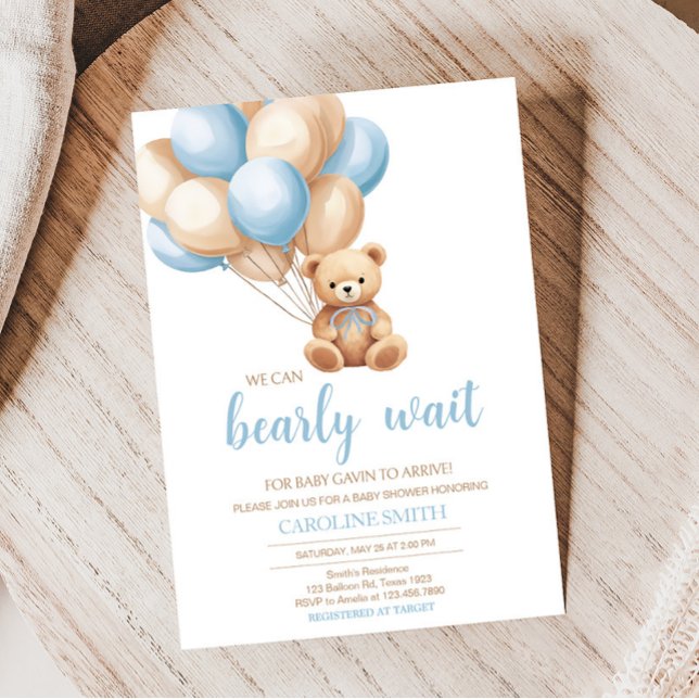 Convite Chá de fraldas do Urso Balão Azul Boho (We Can Bearly Wait Boy Baby Shower Invitation)