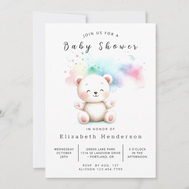Convite Chá de fraldas do Urso de Aquarela Pastel (Frente)