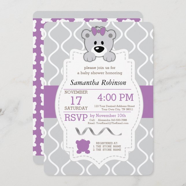 Convite Chá de fraldas do Urso de Teddy (Frente/Verso)