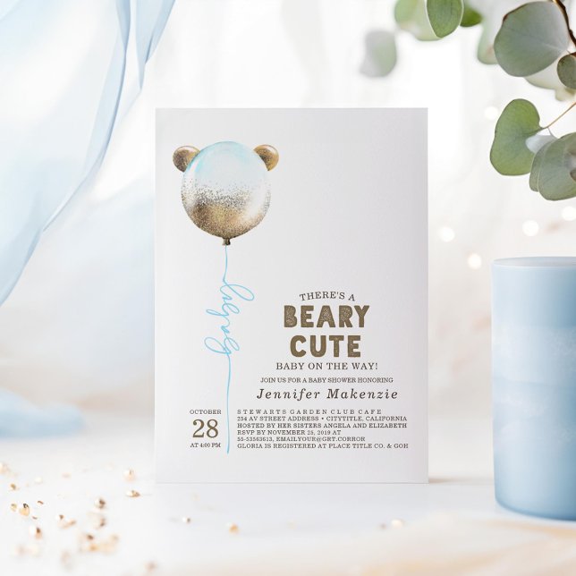 Convite Chá de fraldas do Urso de Teddy Beary Blue Balloon (Beary Cute Baby Shower Invitations featuring Gold and Blue Bear Balloon)