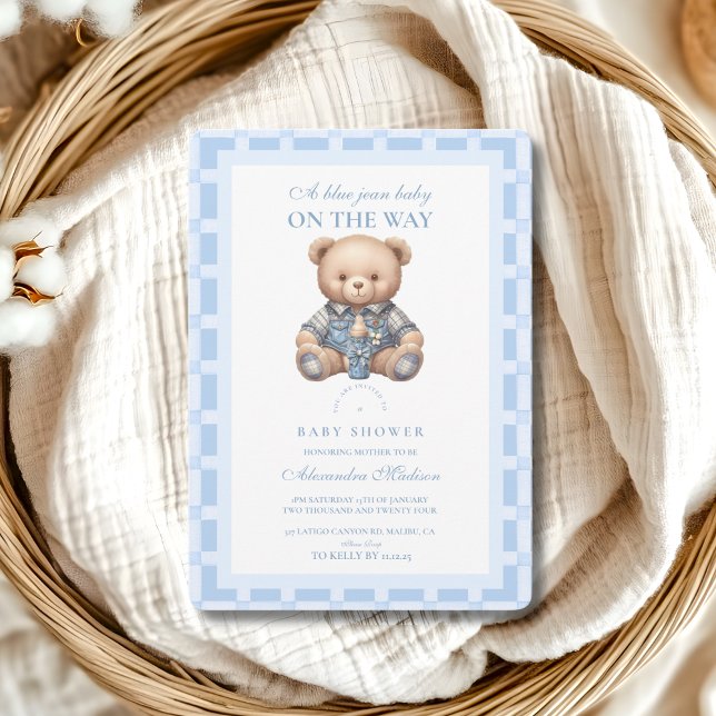 Convite Chá de fraldas do Urso de Teddy Cute Denim (Criador carregado)