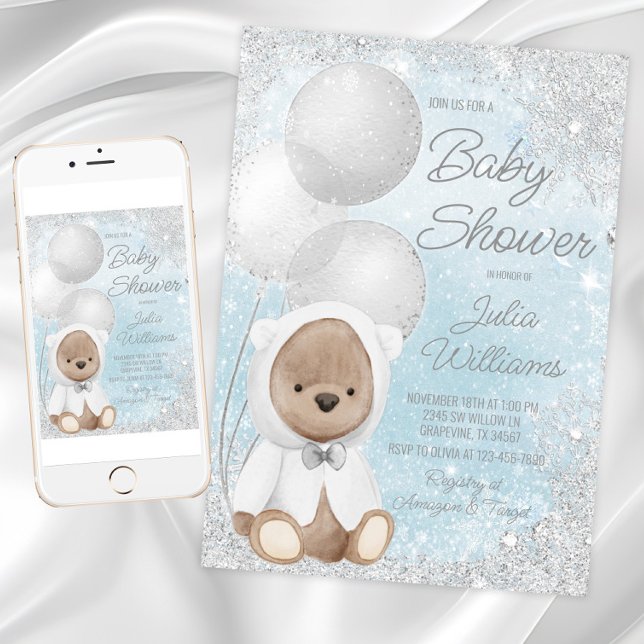 Convite Chá de fraldas do Urso de Teddy da Wonderland (Boy winter wonderland baby shower invitation with cute winter bear on a snowflake background.)