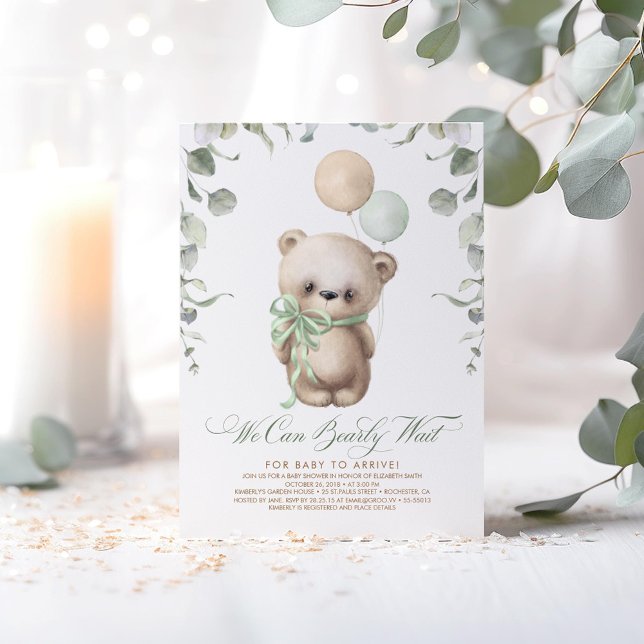 Convite Chá de fraldas do Urso de Teddy Verde e Castanho (We Can Bearly Wait - Cute Bear Themed Beige and Sage Baby Shower Invitations)