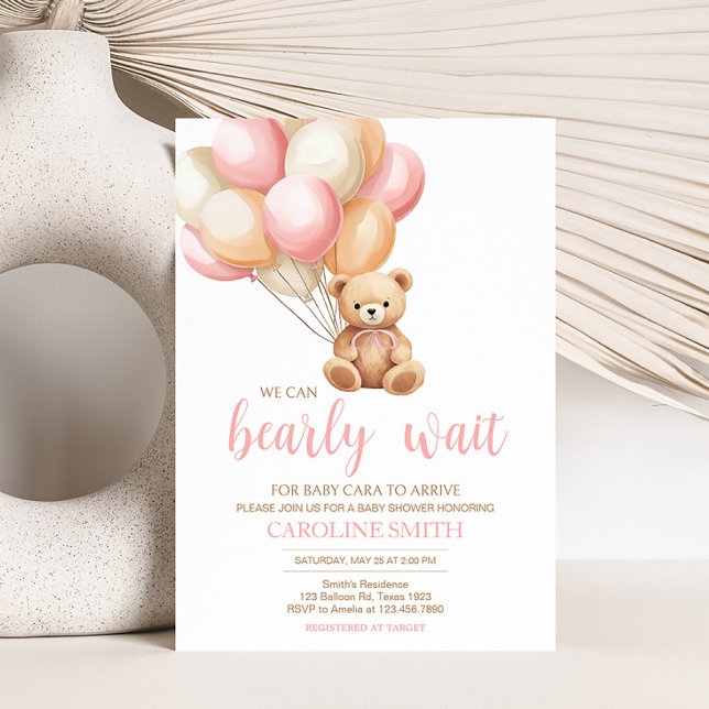Convite Chá de fraldas do Urso do Balão Rosa (We Can Bearly Wait Girl Baby Shower Invitation)