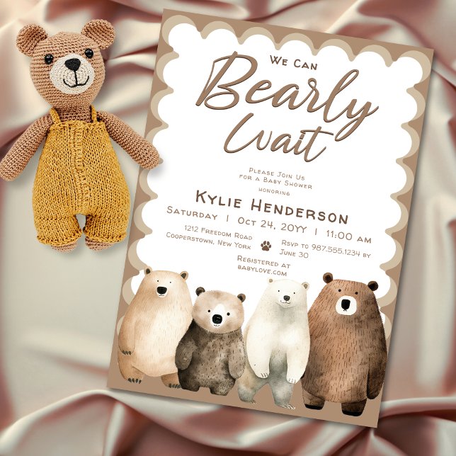 Convite Chá de fraldas do Urso do Urso do Urso Neutro de E (Neutral Bearly Wait Teddy Bear Baby Shower Invitation)