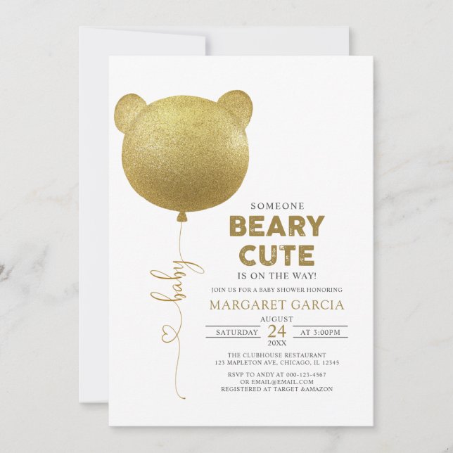 Convite Chá de fraldas do Urso Dourado do Balão de Beary C (Frente)