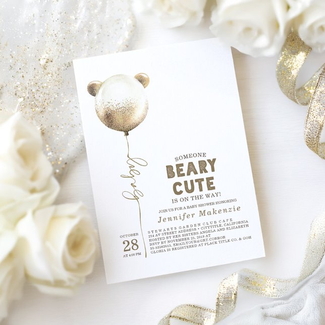 Convite Chá de fraldas do Urso Dourado do Balão de Beary C (Bear Baby Shower Invitation)