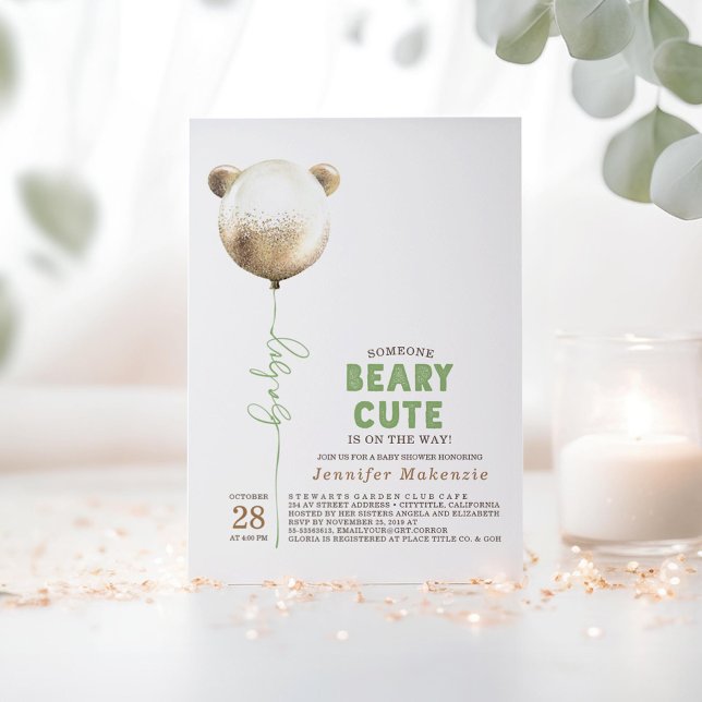 Convite Chá de fraldas do Urso Dourado do Balão de Beary C (Beary Cute Baby Shower Invitations Bear Themed in Green and Gold Colors)