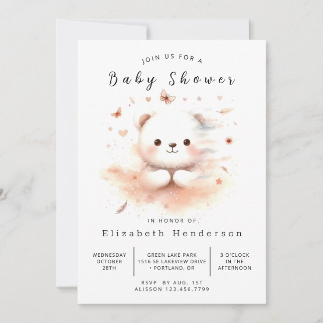 Convite Chá de fraldas do Urso Editável Boho (Frente)