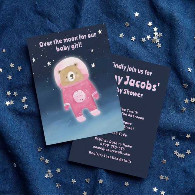 Convite Chá de fraldas do Urso Espacial Rosa é astronauta  (Pink Space Bear Baby Shower it's a girl astronaut Invitation.)