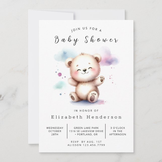 Convite Chá de fraldas do Urso Personalizado do Pastel (Frente)