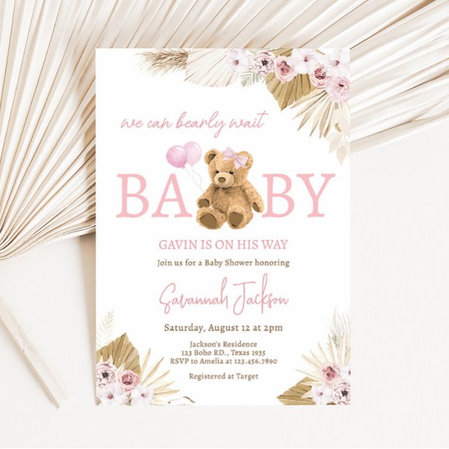 Convite Chá de fraldas do Urso Rosa Boho (Pink Pampas Grass Teddy Bear Baby Shower Invitation)