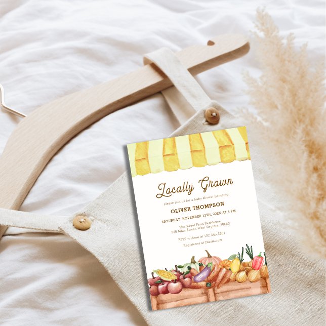 Convite Chá de fraldas do Veggie da Fazenda cultivada loca (Locally Grown Farm Veggie Fruits Baby Shower Invitation)