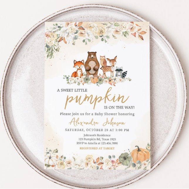 Convite Chá de fraldas do Woodland (Woodland Animals Fall Pumpkin Baby Shower Invitation)