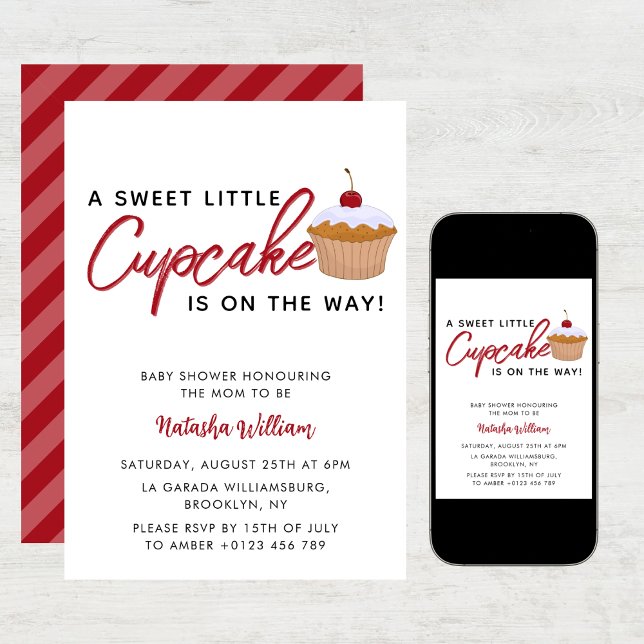 Convite Chá de fraldas doce de Cupcake de cereja (Criador carregado)