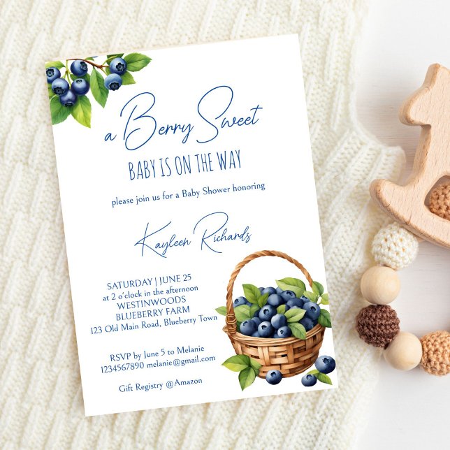 Convite Chá de fraldas doce de mirtilo (Blueberry berry sweet baby shower invitation template digital download summer gender neutral invite)