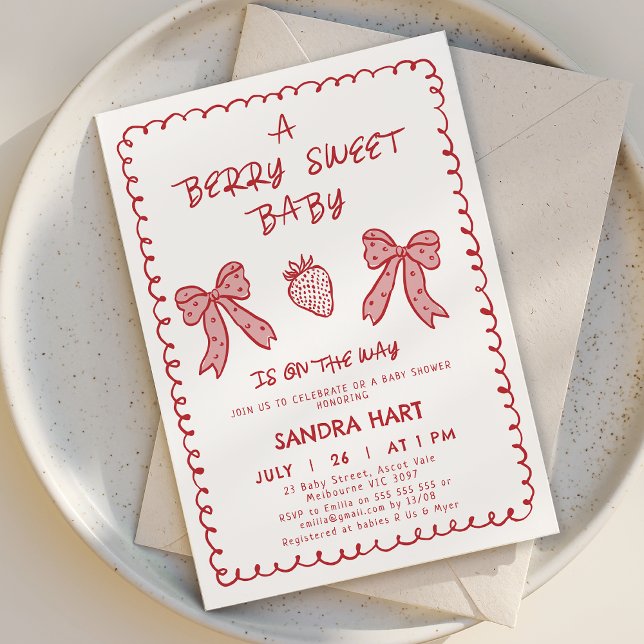 Convite Chá de fraldas doce de morango vermelho de mão (Hand Drawn Strawberry Baby Shower Invitation Template Red, Berry Baby Shower Invitation Hand Drawn )