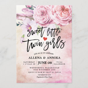 Convite Chá de fraldas Doce Pequenas Garotas Gêmeas Boho F