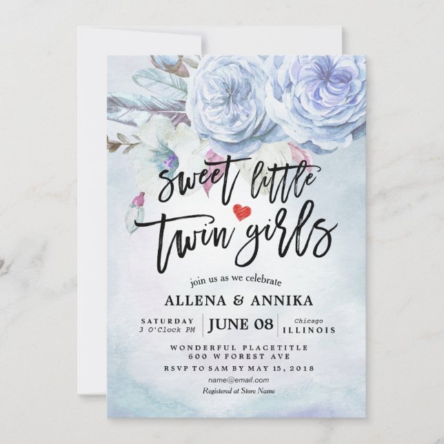 Convite Chá de fraldas Doce Pequenas Garotas Gêmeas Boho F (Frente)