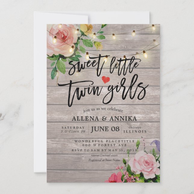 Convite Chá de fraldas Doce Pequenas Garotas Gêmeas Flores (Frente)