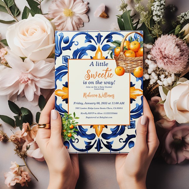 Convite Chá de fraldas Docinho azul Azulejo laranja  (Criador carregado)