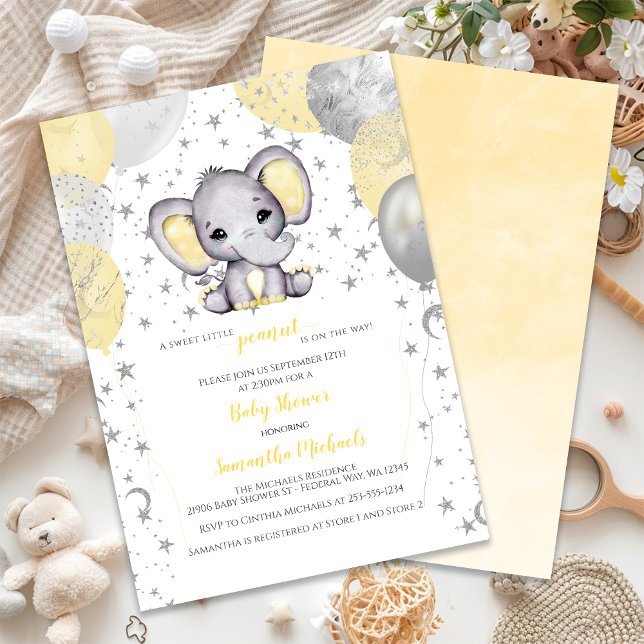 Convite Chá de fraldas dos Balões Amarelos de Elefante Cuj (Cute Elephant Yellow Balloons Baby Shower Invitation)