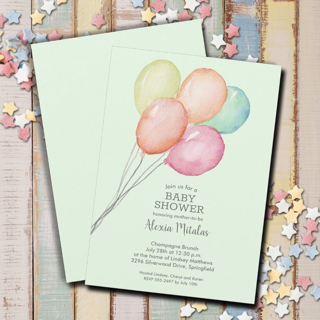 Convite Chá de fraldas dos Balões de Aquarela (Watercolor balloons unisex baby shower invitations, PRINTED and/or INSTANT DOWNLOAD)