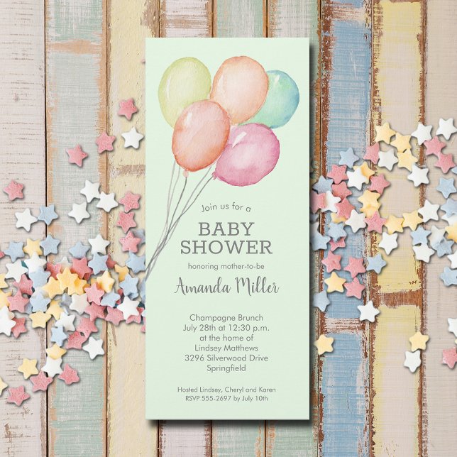 Convite Chá de fraldas dos Balões de Aquarela (Watercolor balloons unisex baby shower invitations, PRINTED and/or INSTANT DOWNLOAD)