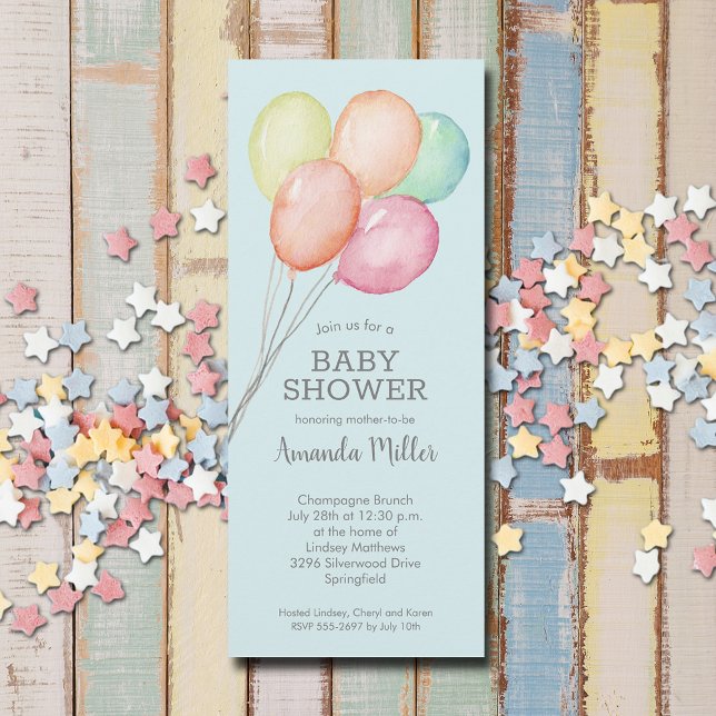 Convite Chá de fraldas dos Balões de Aquarela (Watercolor balloons boy baby shower invitations, PRINTED and/or INSTANT DOWNLOAD)